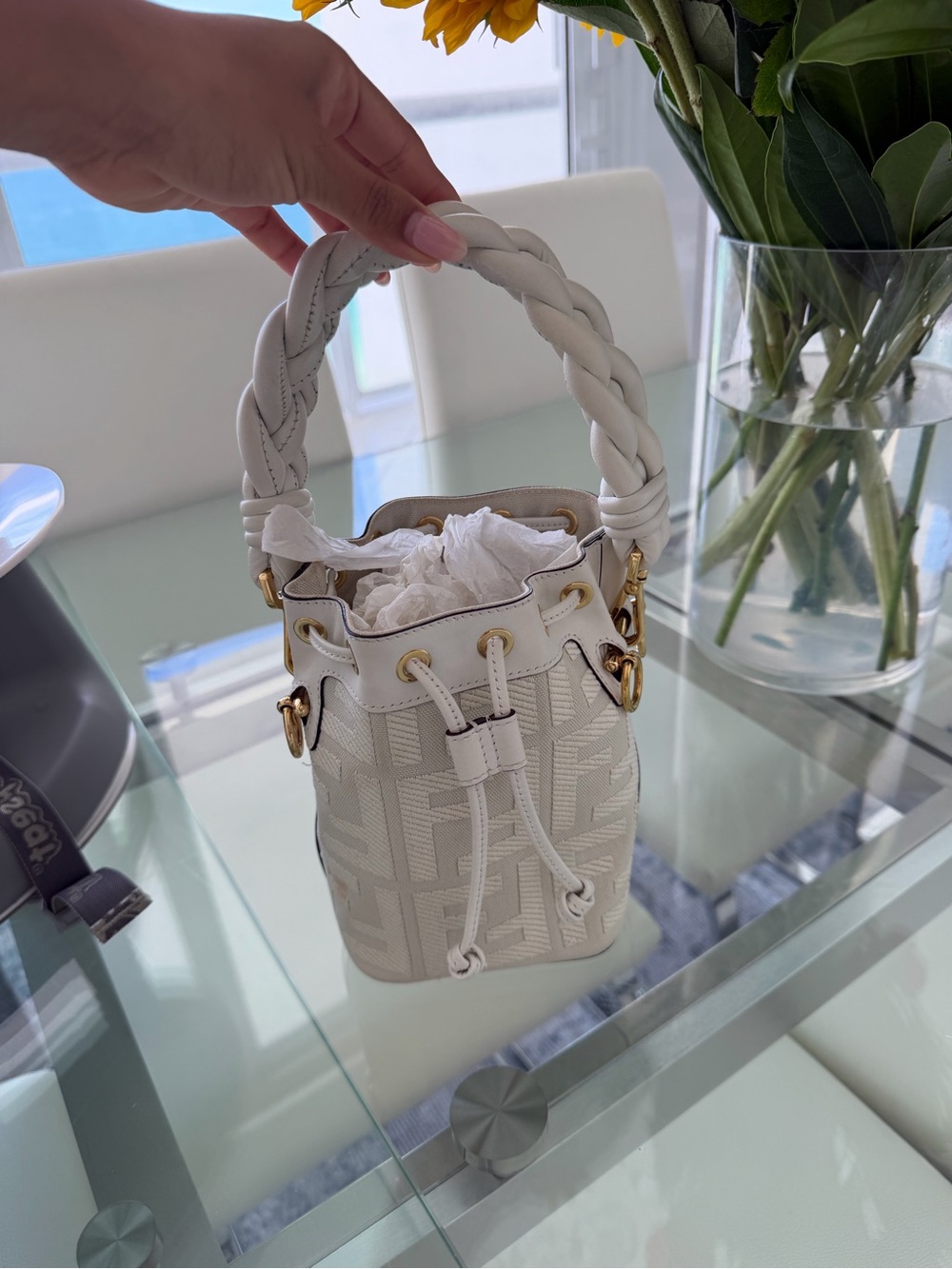 Fendi White Mini Bucket Bag with Braided Top Handle